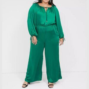 NWOT Lane Bryant Womens Green Satin Split Neck Wide Leg Jumpsuit Pockets PLUS 28